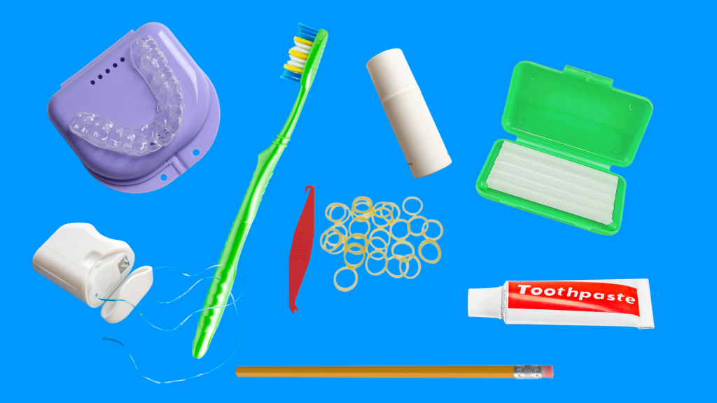 Items that can be in a braces care kit such as toothbrush, toothpaste, orthodontic wax, floss, etc. 