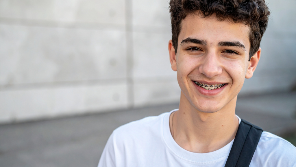 A smiling boy with braces and a backpack strap on one shoulder