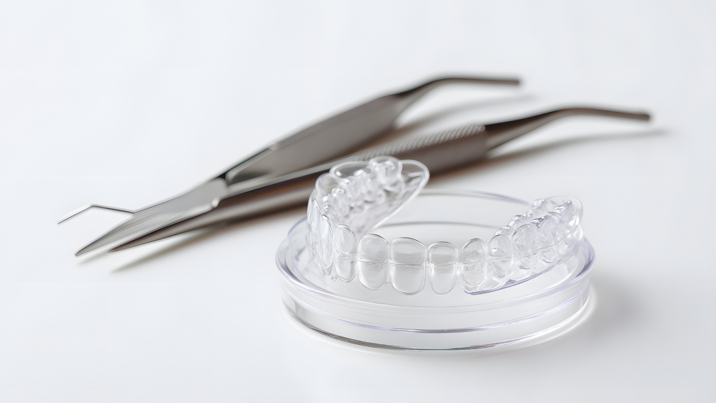 An Essix retainer sitting on a plastic tray next to some dental tools