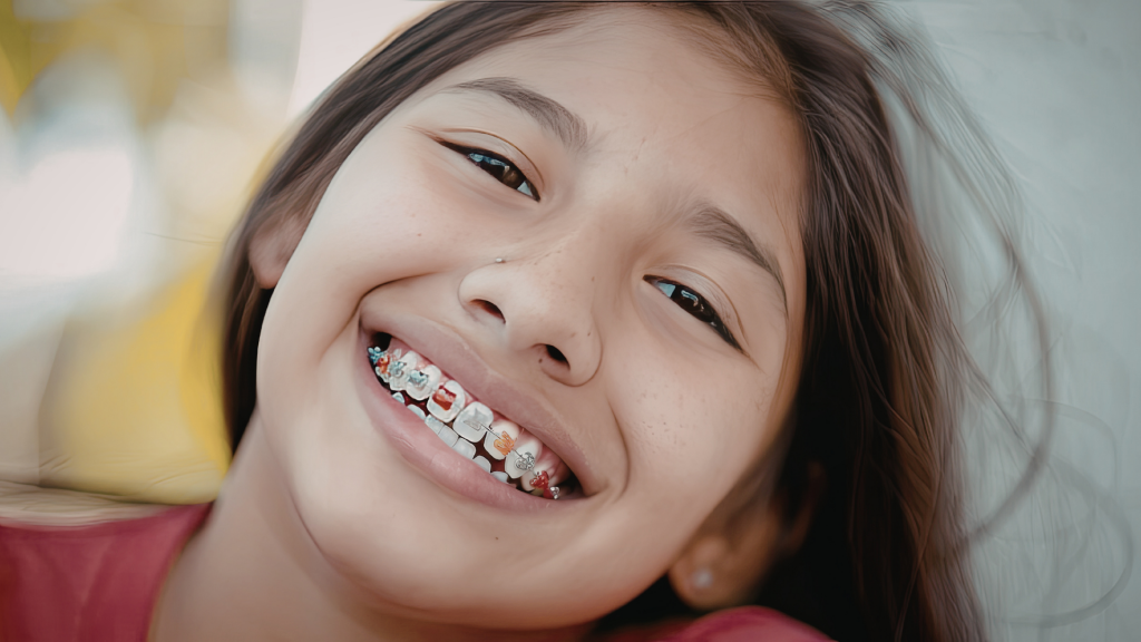 A young girl smiling with different colored brackets on her teeth.