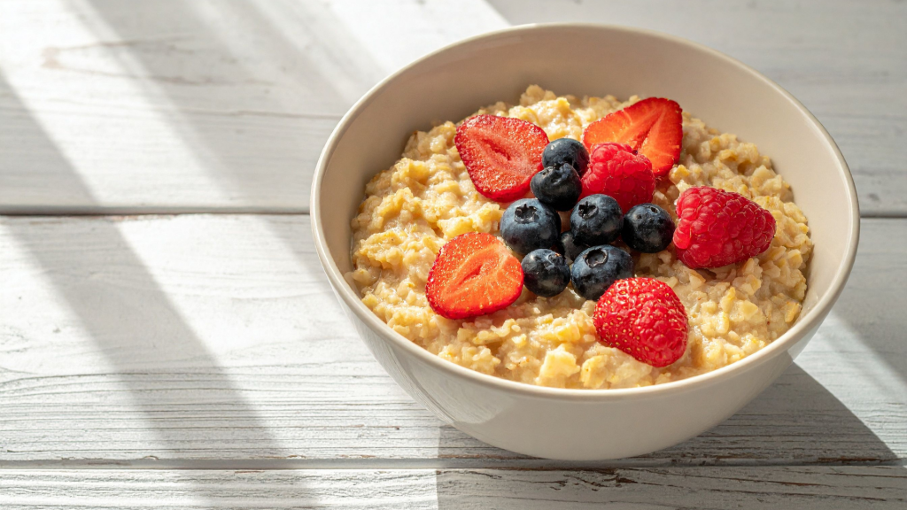 A bowl of oatmeal with strawberries, blueberries, and raspberries sits on a picnic table.