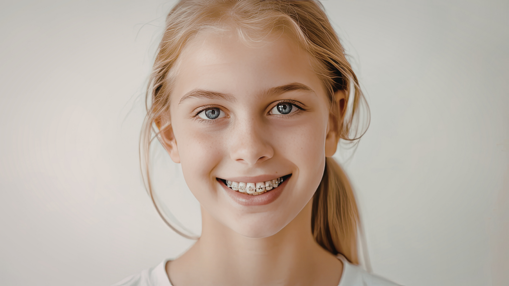 A blond girl with braces around 7 or 8 years old smiles at the camera.